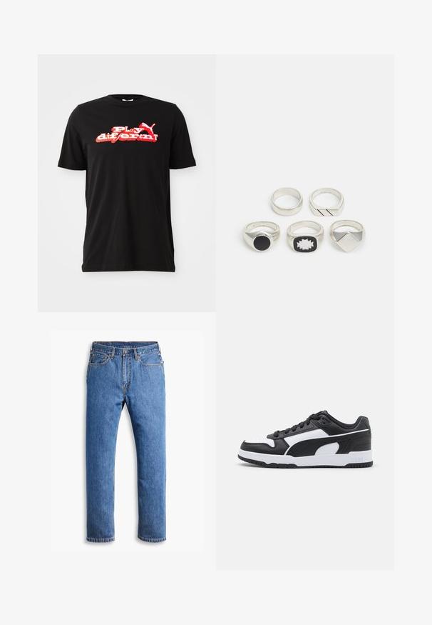 Must värvi puuvillane T-särk, millel on erksav punane ja valge graafiline disain, millel on tekst "Mängi teisiti!" ja logoelement. Lühikesed varrukad ja ümar kaelus.; Sinine denimist teksapüksid otse lõikega, viie taskuga, nööpide sulgemisega ja puhase valge tausta peal oranzide õmblustega.; Mustvalge tennisetoss, millel on nahk ülemine, tekstuuriga detailid, pehmendatud keel, paeltega disain ja kummist välistald, millel on sooned.; Viis hõbedast sõrmust: üks musta ümmarguse detailiga, üks valge ja musta geomeetrilise mustriga ning teised erinevate vormide ja viimistlustega.