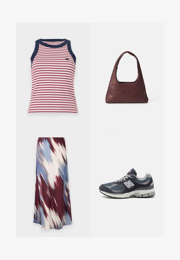 Striped tank top featuring red, white, and blue horizontal stripes, with navy blue trim on the neckline and armholes. Soft ribbed texture.; Long skirt featuring a diagonal tie-dye pattern in burgundy, blue, and cream, made of soft fabric with a flowing silhouette and slight sheen.; New Balance sneakers with a navy mesh and suede upper, gray accents, white logo, cushioned sole, and textured detailing.; Burgundy leather handbag with a triangular shape, open top, and braided detail along the handle. Smooth texture with a matte finish.