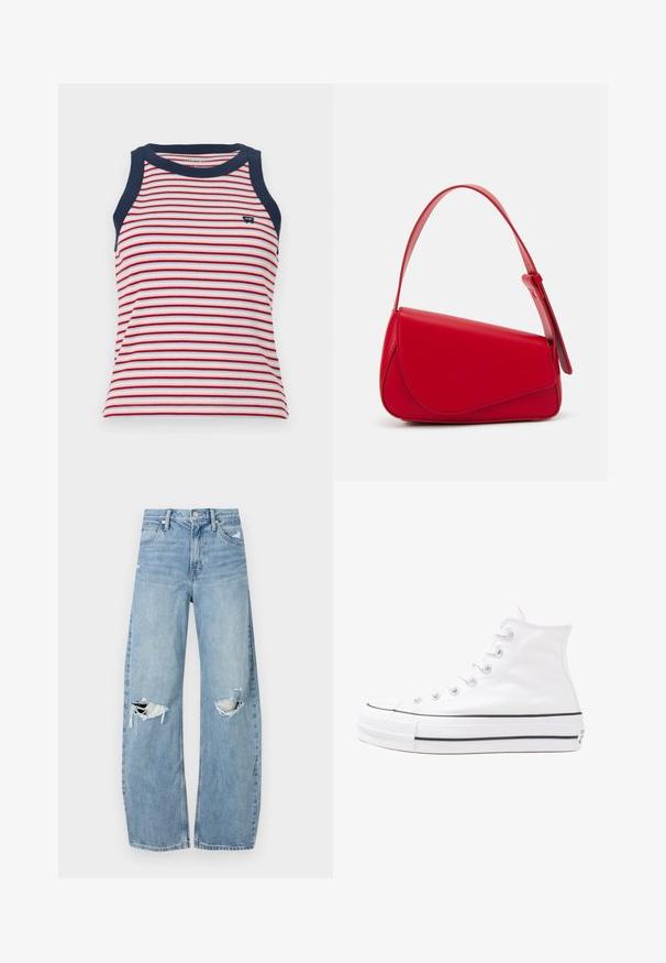 Juostuota marškinėlių forma su raudonomis, baltomis ir mėlynomis horizontaliomis juostelėmis, su tamsiai mėlyna apdaila ant kaklo ir rankovių. Minkšta raibuliuojanti tekstūra.; Šviesiai mėlynos, aukštu juosmeniu džinsai pagaminti iš džinsinio audinio. Turi plačias kojų kelnes, dvi suplėšytas kelio vietas ir klasikinį penkių kišenių dizainą.; Balti aukštakulniai drobės sportbačiai su juodu guminio pado, priekinio guminio piršto dangteliu ir šešiais akytėmis raištams, pasižymintys švariu, minimalistiniu dizainu.; Raudona odinė rankinė su kampuota, geometrine forma. Pasižymi viena reguliuojama dirželiu ir dangteliu su siuvinėtais dekoracijomis.