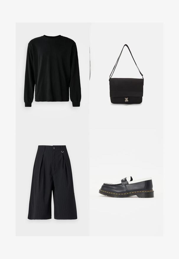 Fekete, hosszú ujjú pamut póló, kerek nyakkivágással, laza szabással és szűkített mandzsettával, sima textúrával és látható minták nélkül.; Fekete csíkozott nadrágshort, redőkkel, gombos záródással és fémbetéttel. Simás anyagú, testhezálló fazon és térd hosszúságú dizájn.; Fekete bőr mokaszin, fehér bőr díszítéssel. Díszvarrással és sárga kiemelésű gumitalppal rendelkezik. Lekerekített orrforma.; Fekete üzenetküldő táska sima anyagból, hajtókás fedéllel, ezüst csattal és állítható vállpánttal.