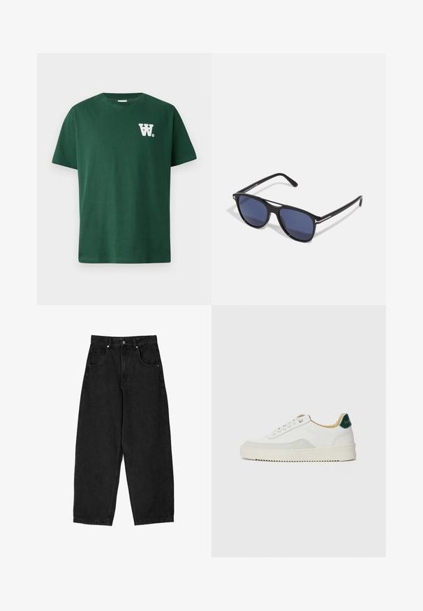 Green cotton t-shirt featuring a round neckline and short sleeves, with a white “W” logo on the left chest. Plain design, no patterns.; Black denim wide-leg pants with a high waist, featuring five pockets, a zip fly, and a metal button closure. Smooth texture, minimal detailing.; White sneaker with suede accents, rounded toe, flat laces, and a cream rubber sole. Features green branding on the heel.; Sunglasses with black plastic frame, blue tinted lenses, slightly rounded shape, and silver metal accents on the temples.
