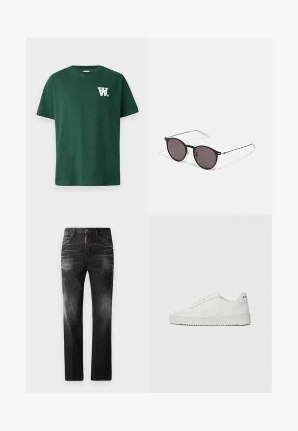 Green cotton t-shirt featuring a round neckline and short sleeves, with a white “W” logo on the left chest. Plain design, no patterns.; Black denim jeans with a straight fit. Features faded areas, minor distressing, classic five-pocket design, and a button closure.; White leather sneaker with a smooth finish, round toe, flat laces, and a textured sole. Features a subtle logo on the heel.; Black round sunglasses with dark lenses and slim metal arms. Includes clear temple tips and silver accents at the hinge. Minimalist design.