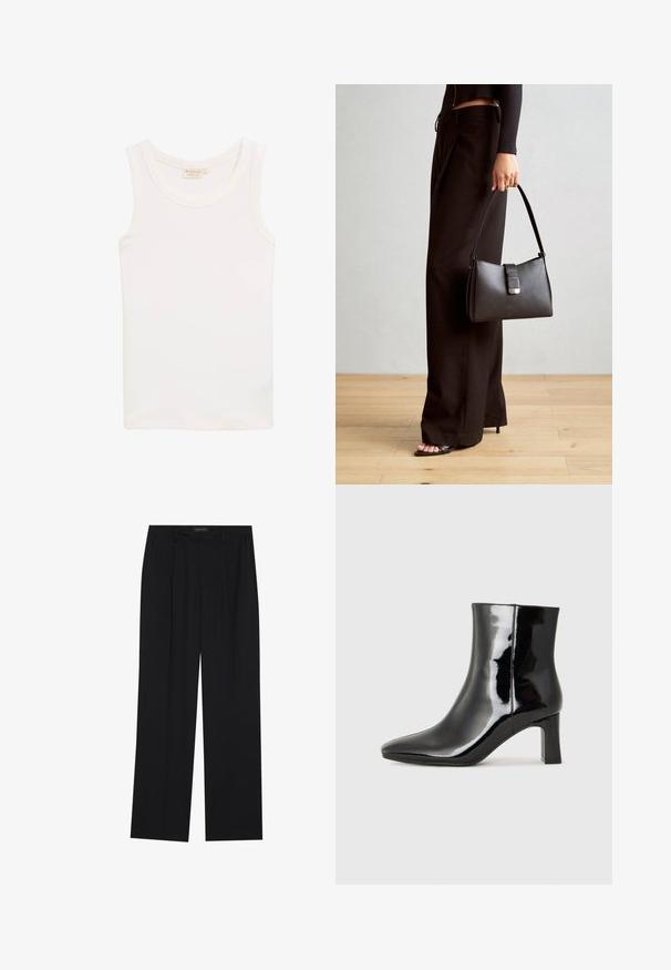 Bijela bezrukavna majica od mekanog materijala. Ima okrugli izrez i uski siluetu, bez vidljivih motiva ili naglasaka.; Crne hlače ravnog kroja, s dva prednja džepa i pojasom. Izrađene od glatkog, laganog materijala.; Crne lakirane kožne gležnjače s šiljastim prstom i srednje visokom blok petom. Glatka tekstura i minimalistički dizajn.; Crna torba s oblikom koji sadrži strukturu, glađu teksturu i metalnu kopču. Uparena s širokim crnim hlačama i sandalama na otvorenom s drvenog poda.