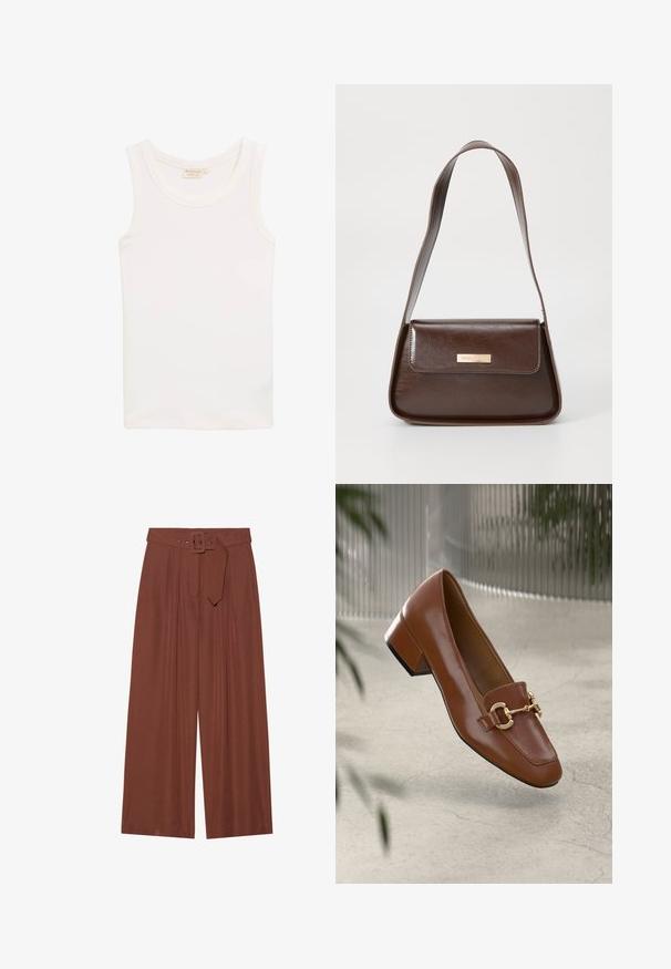 Valge ilma varrukateta t-särk, mis on valmistatud pehmest kangast. Omab ümarat kaelust ja voolavat siluetti, ilma nähtavate mustrite või akendita.; Küljed on laiad pruunidest kangast püksid, millel on ruudukujuline pandla ja pleeditud disain, samuti sile tekstuur.; Pruunist lakknahast loafer, millel on ruudukujuline varvas, metallist ahel kaunistus ja madal plokkkonts; sile tekstuur, minimalistlik disain.; Pruun nahast õlalina, millel on struktureeritud kuju, magnetist klapiga sulgemine ja esiküljel metallne logo aksessuaar.