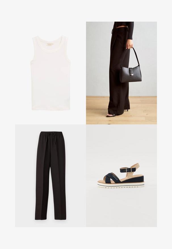 Valge ilma varrukateta t-särk, mis on valmistatud pehmest kangast. Omab ümarat kaelust ja voolavat siluetti, ilma nähtavate mustrite või akendita.; Mustad mustad püksid, laiad ja elastse vöökoha ning reguleeritava tõmbluku abil. Valmistatud sujuvast, kergekaalulisest kangast ilma nähtavate mustriteta.; Tumedat sinised sandaalid kahe kangast rihmaga, reguleeritava pahkluu rihmaga ja tekstuurse beežiga seljaga. Paks valge, laineline tallaosa. Bränd on trükitud rihmale.; Must musta kott, millel on struktureeritud kuju, sile tekstuur ja metallist klamber. Kombineeritud laiate mustade pükstega ja avatud varvaste sandaalidega puidust põrandal.