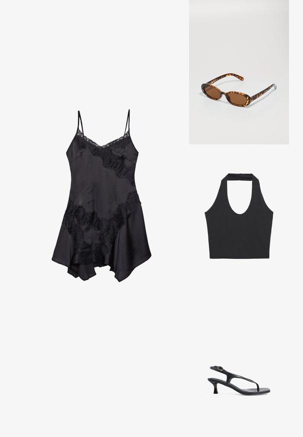 Črna brezrokavnik s širokim izrezom in strukturirano naramnico na hrbtni strani. Narejena iz mehkega, raztegljivega materiala. Klasičen, minimalističen dizajn.; Črna satenska obleka z naramnicami iz čipke, s prilagodljivimi spaghetti naramnicami in razširjenim robom, mehko teksturo in dekorativnimi volančki.; Črne usnjene sandale z ozkim dizajnom, tankimi trakovi in majhno peto. Imajo poudarek na sponki in gladko teksturirano podplato.; Želve kreme sončna očala z ovalnimi okvirji, rjavimi lečami in tankimi črnimi ročaji, ki imajo subtilne vzorčne akcentne podrobnosti.; Črna strukturirana toaletna torba z kratkimi ročaji, ki ima zlat zaklep in poudarke. Oblikovanje je strukturirano, s geometrijsko silhueto.
