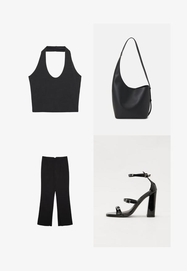 Črna brezrokavnik s širokim izrezom in strukturirano naramnico na hrbtni strani. Narejena iz mehkega, raztegljivega materiala. Klasičen, minimalističen dizajn.; Črne hlače ravnega kroja z naglavnimi žepi in stranskimi razporki na robu. Narejene iz mehke, gladke tkanine. Primerne za različne priložnosti.; Črne lakirane sandale s peto, kvadratnim prstom, trakovi okrog gležnja in srebrnimi zaponkami. Opremljene so s stabilno Debelo peto.; Črna usnjena hobo torba z gladko teksturo, ukrivljeno obliko in eno nastavljivo naramnico; ima širok odprtina na vrhu.