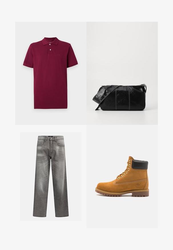 Bordový polo tričko vyrobené z bavlny, s dvoma gombíkmi na zapínanie, krátkymi rukávmi a vyšitým logom na hrudi.; Sivý denimové džínsy s voľným strihom, s detailmi v podobe blednutia a vyblednutej textúry, klasický dizajn s piatimi vreckami a zapínaním na gombík.; Tyrkysové semišové členkové topánky s čiernym polstrovaným golierom, zlatými kovovými očkami, bielym prešívaním a robustnou gumovou podrážkou s výraznými drážkami.; Čierna kožená kabelka cez plece so zipsovým uzáverom, so štruktúrovaným telom, bielym prešívaním a popruhom so striebornými očkami.