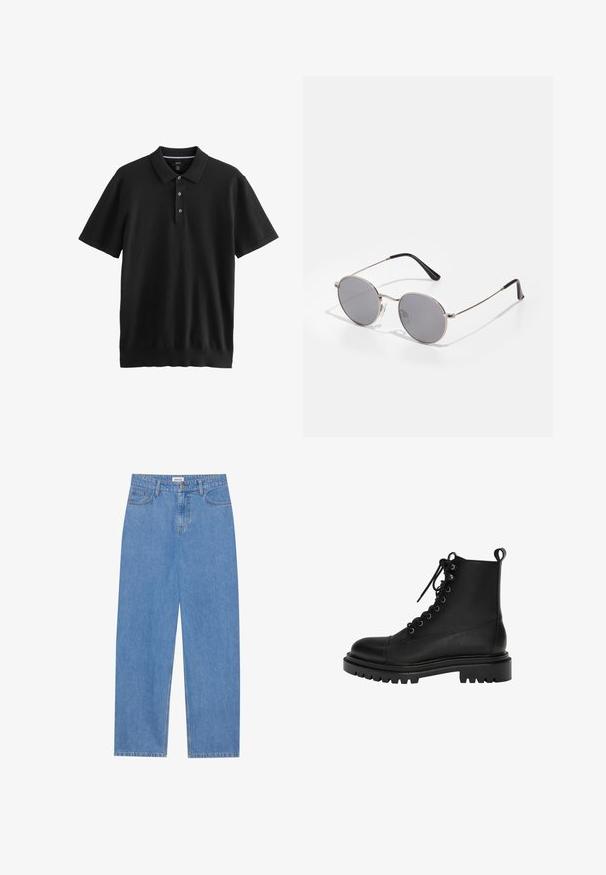 Fekete, rövid ujjú pólóing sima anyagból. Galléros nyakkal, három gombbal és egyenes aljjal rendelkezik. Minimalista stílus.; Világoskék farmernadrág egyenes szabással, öt zsebbel, egy gombos záródással és finom varrási részletekkel az oldalvarrásokon.; Fekete bőr bokacsizma lekerekített orral, fűzős elülső résszel, fémből készült fűzőlyukakkal és masszív, texturált gumitalppal.; Kerek napszemüveg sötétszürke lencsékkel, vékony ezüst fémkerettel és fekete gumi végű szárakkal. Egyszerű kialakítás, minta vagy díszítés nélkül.