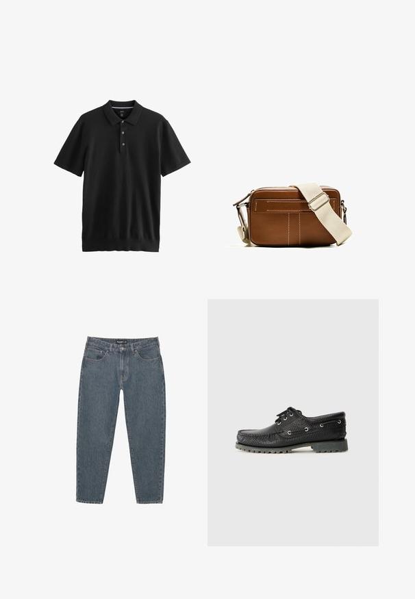 Černé polo tričko s krátkým rukávem vyrobené z hladkého materiálu. Obsahuje límeček s třemi knoflíky a rovný lem. Minimalistický design.; Tmavomodré džíny s volným střihem, designem pěti kapes, zapínáním na knoflík a mírně obroubenými okraji. Odolný materiál s jemnou texturou.; Černé texturované šněrovací boty s kulatou špičkou, kovovými očky a robustní šedou gumovou podešví. Vyznačují se tkaným vzorem na svršku.; Hnědá kožená taška přes rameno s bílým prošíváním, obdélníkový tvar, zipové uzavírání a béžový nastavitelný popruh. Obsahuje dvě přední kapsy.