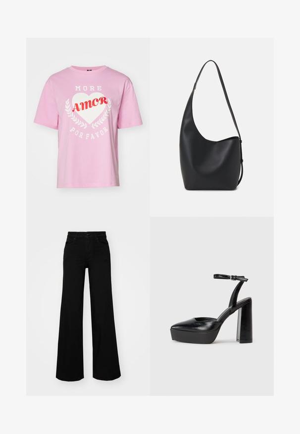 Pink cotton t-shirt with short sleeves, round neckline, featuring white text "MORE" and "POR FAVOR" around a white heart and red "AMOR."; Black wide-leg pants made of denim, featuring a structured waistband, belt loops, and front pockets. Smooth texture with a classic design.; Black platform heels with a pointed toe and adjustable ankle strap. Constructed from smooth leather, featuring a chunky block heel.; Black leather hobo bag with a smooth texture, curved shape, and single adjustable strap; features a wide opening at the top.