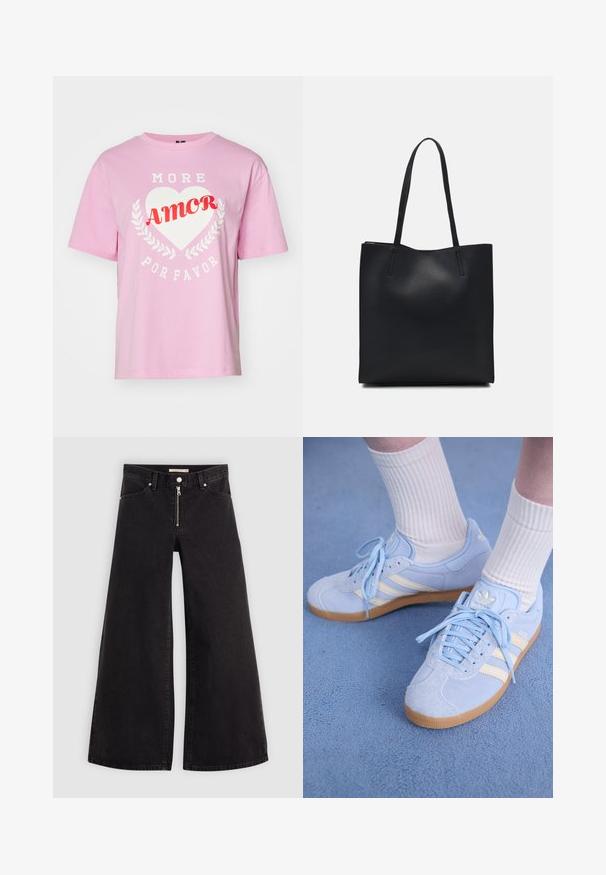 Růžové bavlněné tričko s krátkým rukávem, kulatým výstřihem, s bílým textem "VÍCE" a "PROSÍM" kolem bílého srdce a červeným "LÁSKA."; Džíny s širokými nohavicemi v černém denimovém provedení se zipem vpředu, pěti kapsami a jemnými švy. Hladká textura a ležérní styl.; Světlomodré semišové tenisky s bílými pruhy, plochými šňůrkami a gumovou podrážkou. Na nohou jsou žebrované bílé ponožky nad kotník.; Černá kožená taška přes rameno s hladkým povrchem, obdélníkovým tvarem a dvěma dlouhými uchy. Žádné viditelné kování ani ozdoby.