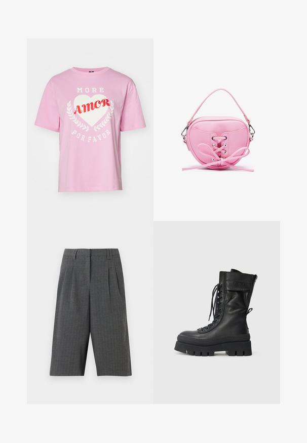 Pink cotton t-shirt with short sleeves, round neckline, featuring white text "MORE" and "POR FAVOR" around a white heart and red "AMOR."; Gray houndstooth shorts with pleats, featuring a tailored design and mid-thigh length. Made from textured fabric, no visible fastenings.; Black leather combat boot with high shaft, lace-up front, textured accents, thick sole, and stitched detailing. Features a rear pull tab.; Pink faux leather handbag with a circular shape, featuring lace-up design with metallic eyelets and a bow detail. Includes a short handle.