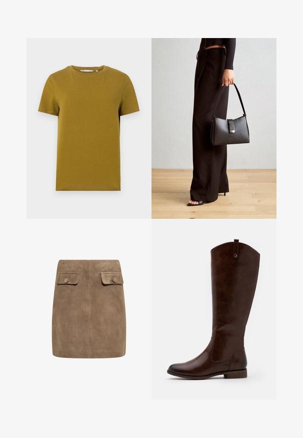 Sinē un dzeltenā krāsā īsām piedurknēm ražota T-kreklu no gludas kokvilnas. Tam ir apaļa izgriezuma kakla daļa un taisna apakšmala ar minimālām šuvēm.; Brūns zamšs mini svārki ar gludu tekstūru, ieguvuši divas priekšējās kabatas ar vāciņiem un pogu aizdare katrā pusē. Vienkāršs, taisns dizains.; Brūni līdz ceļiem zābaki, kas izgatavoti no gludas ādas, ar noapaļotu purngalu, zemu sakrautu papēdi un smalku šuvju rakstu gar sāniem.; Melnā somiņa ar strukturētu formu, gludu tekstūru un metālu sprādzi. Saskaņota ar platām melnām biksēm un sandālēm ar atvērtu purngalu uz koka grīdas.