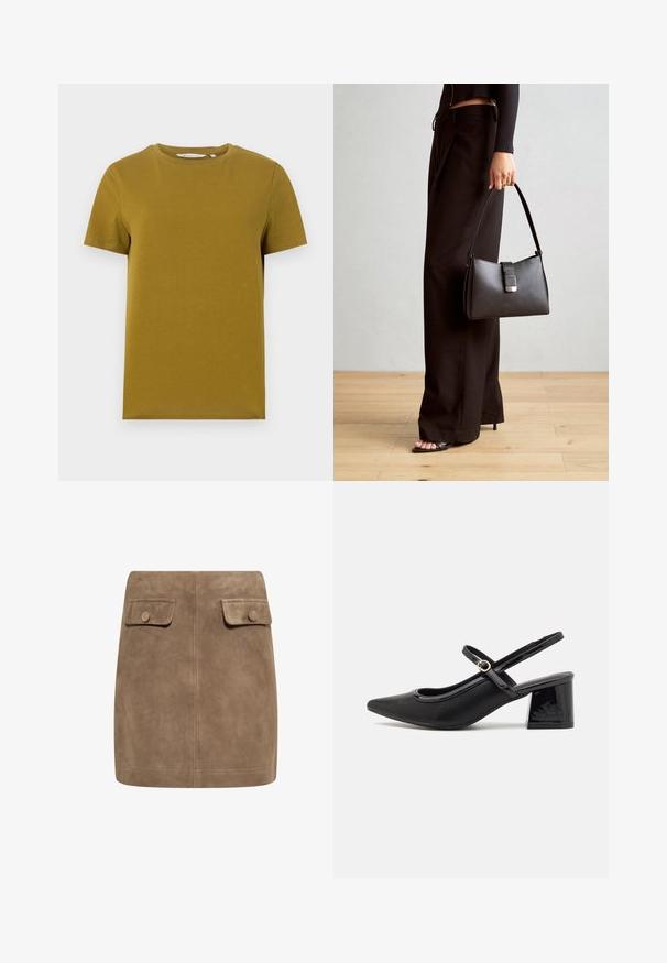 Majica kratkih rukava u boji senfa, napravljena od glatkog pamuka. Ima okrugli izrez i ravni rub sa minimalnim detaljima šivanja.; Smeđa nubuk mini suknja s glatkom teksturom, koja ima dva prednja džepa s preklopom i dugmad za zatvaranje s obje strane. Jednostavan, ravni dizajn.; Crne lakirane slingback visoke potpetice s šiljastim vrhom, zaobljenim izrezom i blok potpeticom. Sadrži akcent zlatnog tona s kopčom.; Crna torba s oblikom koji sadrži strukturu, glađu teksturu i metalnu kopču. Uparena s širokim crnim hlačama i sandalama na otvorenom s drvenog poda.