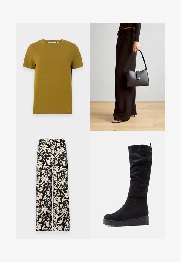 Mustard yellow short-sleeve t-shirt made from smooth cotton. Features a crew neckline and straight hem with minimal stitching details.; Black wide-leg pants with a cream floral pattern. Made of lightweight fabric, featuring a smooth texture and a high waistband.; Black suede knee-high boots with a slouched design, rounded toe, and thick platform sole featuring ridged detailing.; Black handbag with structured shape, smooth texture, and a metallic clasp. Paired with wide black pants and open-toe sandals on wooden floor.