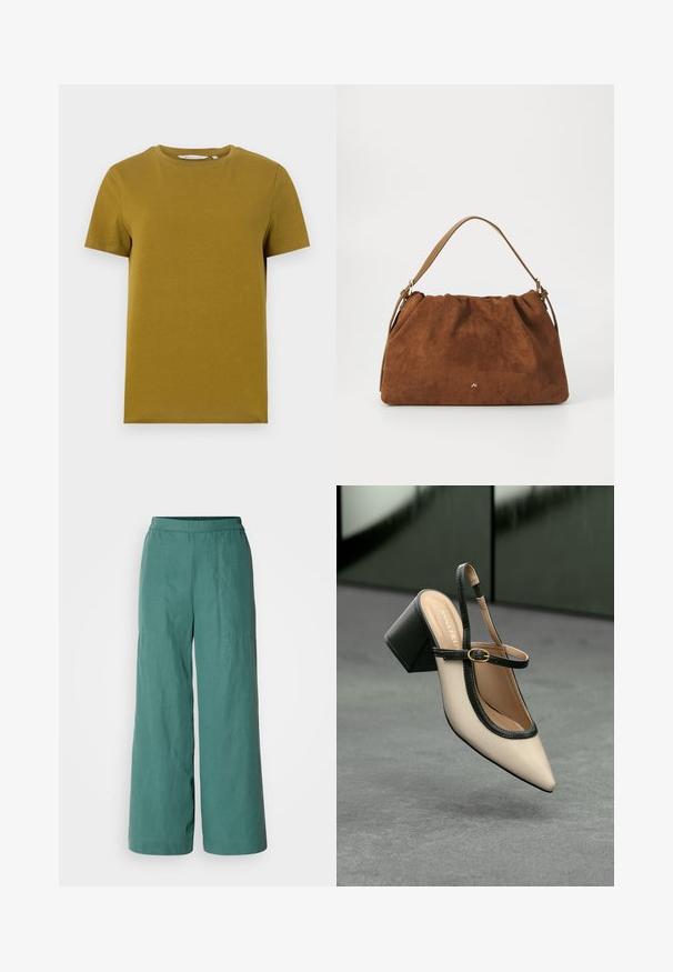 Camiseta de manga curta amarela mostarda feita de algodão suave. Apresenta um decote redondo e uma bainha reta com detalhes de costura mínimos.; Calças largas de cor verde-água sólida, com uma cintura elástica e um tecido leve e texturizado. Adequadas para uso casual.; Sandal de biqueira pontuda em bege com acabamento preto, fivela dourada e um salto bloco sólido, em um chão cinza com fundo verde escuro.; Bolsa de mão em camurça castanha com um design franzido, apresentando uma alça única em couro bege e um discreto detalhe em logo dourado na parte da frente.