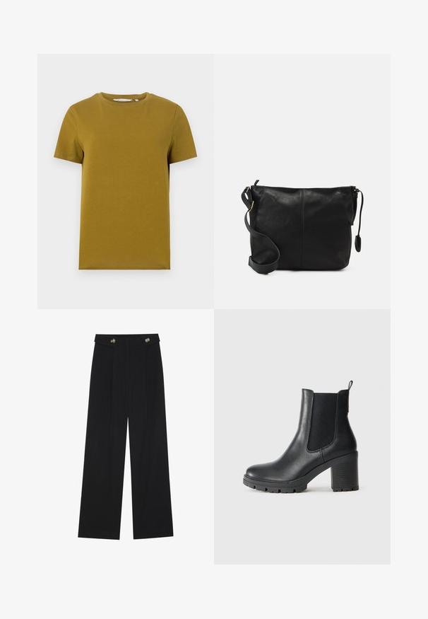 Mustard yellow short-sleeve t-shirt made from smooth cotton. Features a crew neckline and straight hem with minimal stitching details.; Black wide-leg trousers with high waist, button details on waistband, and front pleats.; Black leather ankle boot with elastic side panels, chunky rubber sole, and a high block heel. Features a pull tab on the back.; Black leather crossbody bag with a flat shape, gold hardware accents, and an adjustable strap. Smooth texture with minimal stitching details.