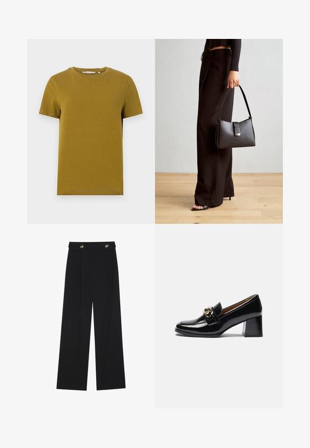 Tricou galben muștar cu mânecă scurtă, fabricat din bumbac neted. Are un decolteu tip crew și un tiv drept, cu detalii de cusătură minime.; Pantaloni negri cu picioare largi, talie înaltă, detalii cu butoane pe talie și pliseuri în față.; Loaferi negri din piele laică cu toc, având bot rotund, toc mai robust și un accent de hardware în tonuri de aur pe brățara din față.; Genți negre cu o formă structurată, textură netedă și un închizător metalic. Asortată cu pantaloni negri largi și sandale cu vârf deschis pe un podea din lemn.