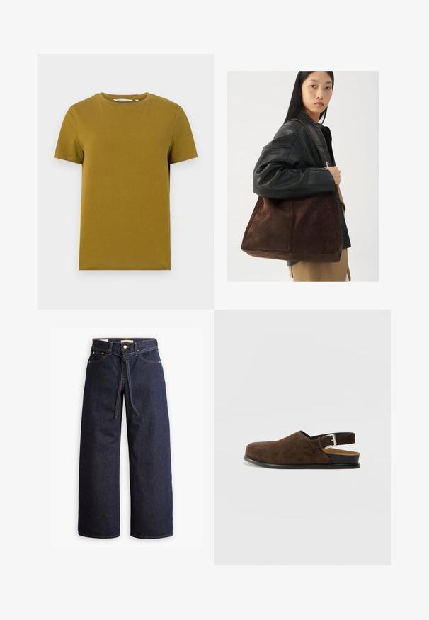 Mustár sárga, rövid ujjú póló, sima pamutból készült. Kerek nyakkivágással és egyenes aljú, minimális varrási részletekkel rendelkezik.; Széles lábú, sötétkék farmernadrág magas derékkal, húzózsinórral, öt zsebbel és kontrasztos varrással.; Barna szarvasbőr slip-on cipő alacsony sarokkal, állítható pánttal ezüst csattal és fekete gumitalppal.; Barna velúr válltáska széles formával és puha textúrával, egyetlen pánttal és minimális fémalkatrészekkel egy semleges háttér előtt.