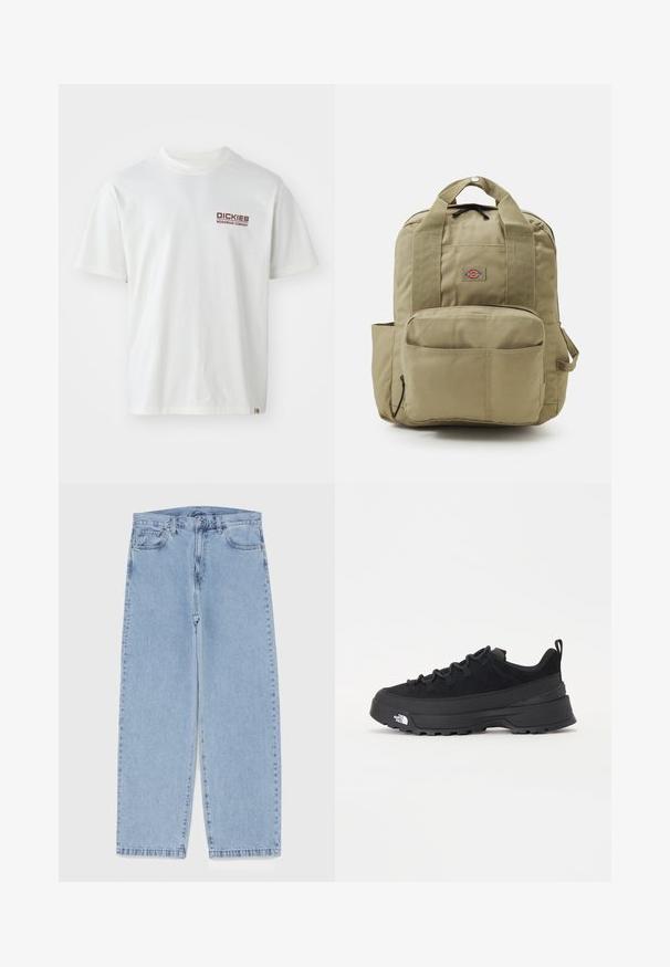 Hvit bomull T-skjorte med korte ermer, rund hals og en rød logo på venstre brystområde. Enkelt design uten mønstre.; Lyseblå denimjeans med rett ben-design, med mid-rise liv, fem lommer og knap og lynlås lukning.; Svart utendørs sneakers med overdel i semsket skinn, teksturert gummisåle og solid snøresystem. Har forsterket hæl og merkevarelogo på siden.; Khaki ryggsekk med polstrede stropper, frontlomme og et rundt logo. Laget av slitesterkt stoff, har den et bærehåndtak på toppen og en side-lomme.