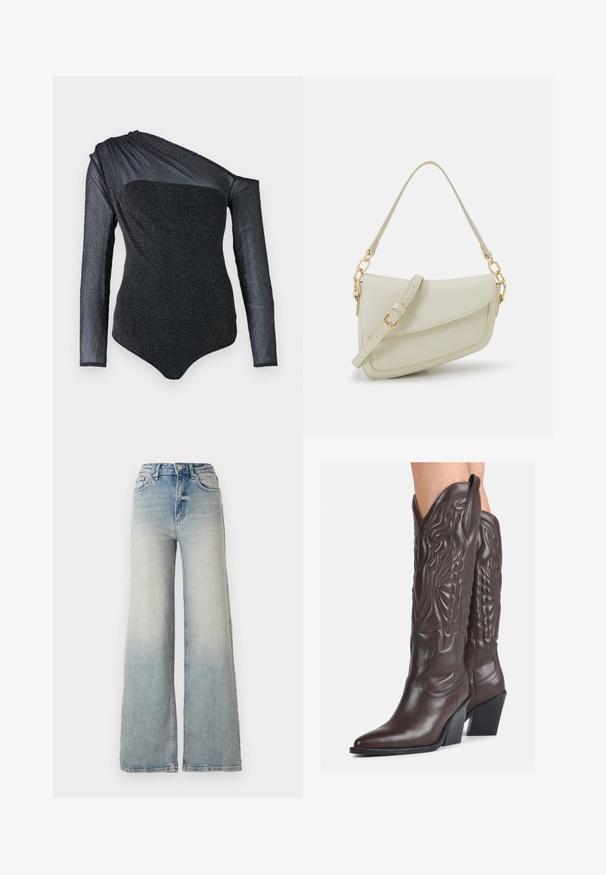 Black bodysuit featuring long, one-shoulder sleeve, textured fabric with subtle shimmer, and sleek fit. Smooth neckline and modern design.; Light blue wide-leg jeans made of denim, featuring a high waist, five pockets, and visible stitching along the seams.; Brown leather cowboy boots with pointed toe and block heel, featuring detailed stitching and raised accents on the shaft.; Small cream handbag with a textured finish, a long adjustable strap, a chain accent, and a flap closure. Gold hardware detailing.; Gold-colored hoop earrings, thin and round in shape, with a smooth metallic finish and no embellishments or patterns.
