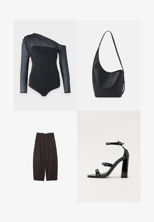 Schwarzer Bodysuit mit langem, einseitigem Ärmel, strukturiertem Stoff mit dezentem Schimmer und schlanker Passform. Glatte Ausschnittlinie und modernes Design.; Schwarze weit geschnittene Hosen aus einem glatten Stoff, mit hoher Taille, Frontfalten und Seitentaschen. Schlichtes Design ohne Verzierungen.; Schwarze patentierte Sandalen mit Absatz, quadratischer Spitze, Knöchelriemen und silbernen Schnallen. Mit einem stabilen Blockabsatz für mehr Stabilität.; Schwarze Leder-Hobo-Tasche mit einer glatten Textur, geschwungener Form und einem einzelnen verstellbaren Tragegurt; verfügt über eine weite Öffnung am oberen Ende.