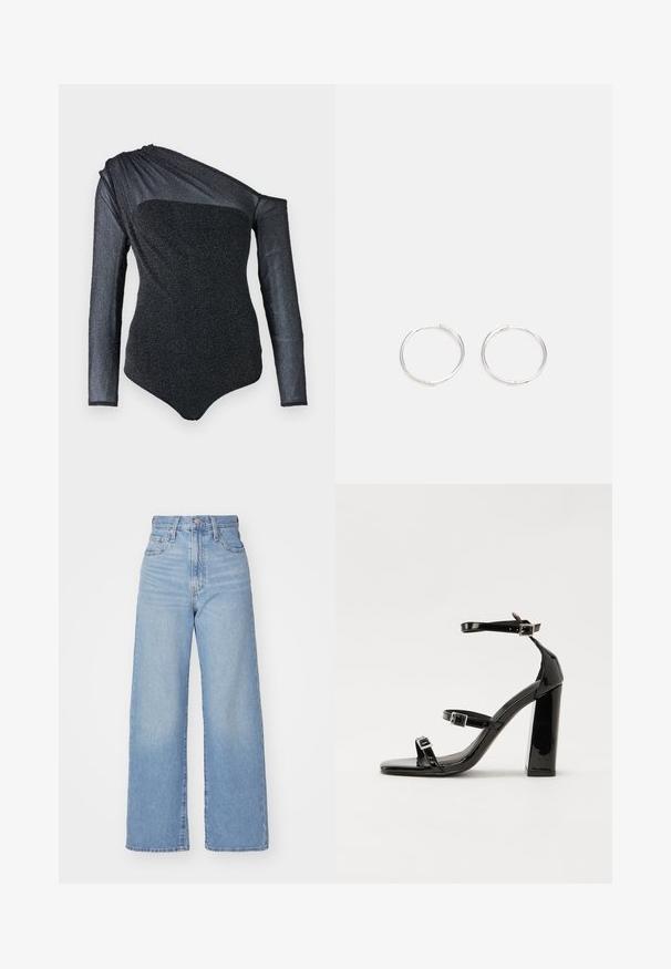 Schwarzer Bodysuit mit langem, einseitigem Ärmel, strukturiertem Stoff mit dezentem Schimmer und schlanker Passform. Glatte Ausschnittlinie und modernes Design.; Hellblaue High-Waist-Weite-Leg-Jeans mit Knopf- und Reißverschluss vorne, Vorder- und Rückentaschen, auf weißem Hintergrund.; Schwarze patentierte Sandalen mit Absatz, quadratischer Spitze, Knöchelriemen und silbernen Schnallen. Mit einem stabilen Blockabsatz für mehr Stabilität.; Silberne Creolen mit einem schlanken, runden Design, das eine glatte Oberfläche und keine sichtbaren Verzierungen aufweist. Durchmesser nicht angegeben.
