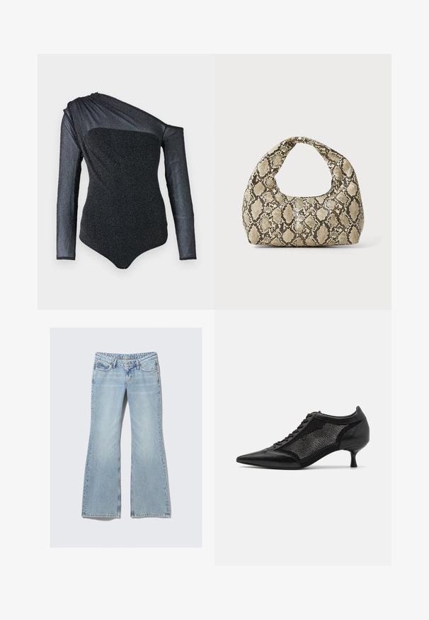 Černý body s dlouhým rukávem na jedno rameno, texturovaná tkanina s jemným leskem a štíhlým střihem. Hladký výstřih a moderní design.; Weekday NOVA - Džíny Slim Fit - lip blue; Černá špičatá obuv s designem síťové panelů, s nízkým podpatkem a šněrováním v přední části. Vyrobeno z kombinace kůže a síťového materiálu.; Kabelka s hadím vzorem a zakřiveným držadlem. Vyrobena z texturovaných béžových a hnědých materiálů, s charakteristickým diamantovým vzorem.