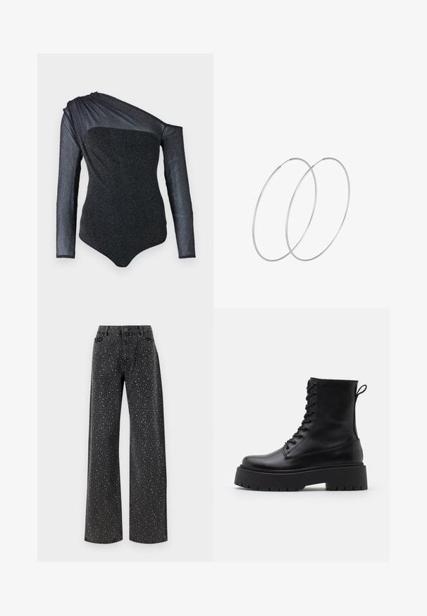 Crni bodi s dugim, jednim rukavom, teksturirana tkanina s suptilnim sjajem i uskim krojem. Glatka izreza i moderan dizajn.; Noisy May NMJANNEL LOOSE - Traperice opuštenog kroja - black denim; Crne kožne gležnjače s okruglim vrhom, vezanjem sprijeda i debelim gumenim potplatom s teksturiranim uzorkom. Tipa: traka za vuču na stražnjoj strani.; Srebrne okrugle naušnice s minimalističkim dizajnom. Kružni oblik, glatka tekstura i tanak profil. Lagane s poliranim završetkom.