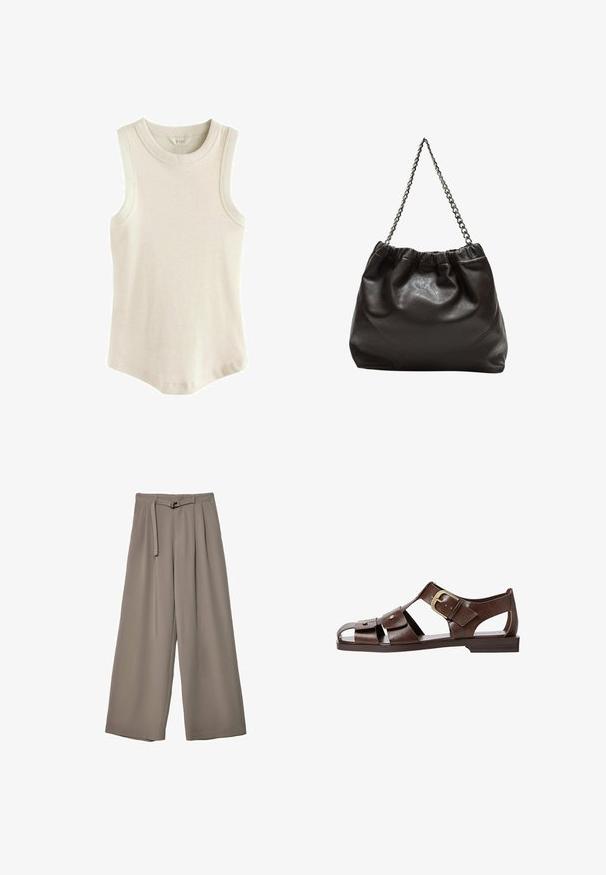 Next RACER STANDARD - Toppi - oatmeal; Suurille lahkeille housuille pehmeässä, hillityssä harmaassa kankaassa, jossa on vyötäröllä vyö ja lisää muotoilun yksityiskohtia kuploissa. Sileä rakenne, ei kuvioita.; Ruske nahkale sandale s izrezanim dizajnom, prilagodljivo sponko na strani in ravnim podplatom, z metalnimi detajli in odprtimi prsti.; Ruskea nahkainen laukku, jossa on kerätty yläosa ja ketjuhihna. Tasainen pinta, jossa kiiltävä viimeistely ja hienovaraiset sauman yksityiskohdat sivuilla.