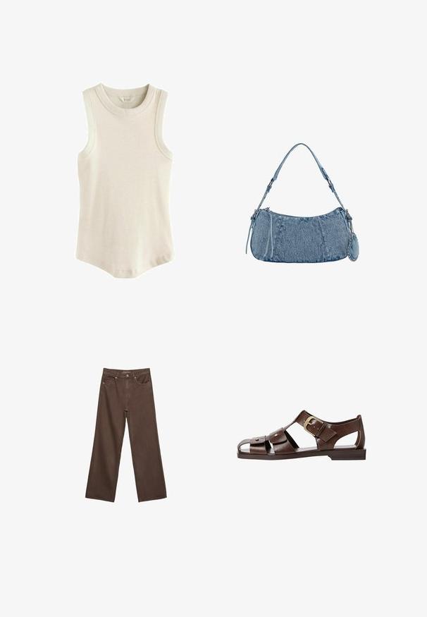 Next RACER STANDARD - Top - oatmeal; Jeans a gamba larga marroni in denim, con vita alta, tasche anteriori e chiusura a bottone classica. Tessuto liscio con cuciture sottili.; Sandal in pelle marrone con un design a intaglio, cinturino laterale regolabile e suola piatta, con dettagli metallici e punta aperta.; Borsa in denim con forma curvata, colore azzurro chiaro, tracolla regolabile e una piccola pochette staccabile con accenti metallici.