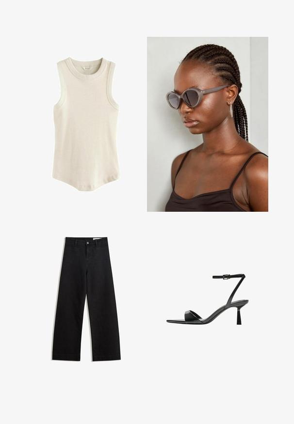 Next RACER STANDARD - Top - oatmeal; Black wide-leg denim pants with a high waist, featuring front and back pockets, stitched seams, and a button closure. Smooth texture.; Bershka High heeled sandals - black; Gray oversized sunglasses with a rounded shape and dark lenses. Sleek plastic frame with a smooth finish. Model has braided hair.