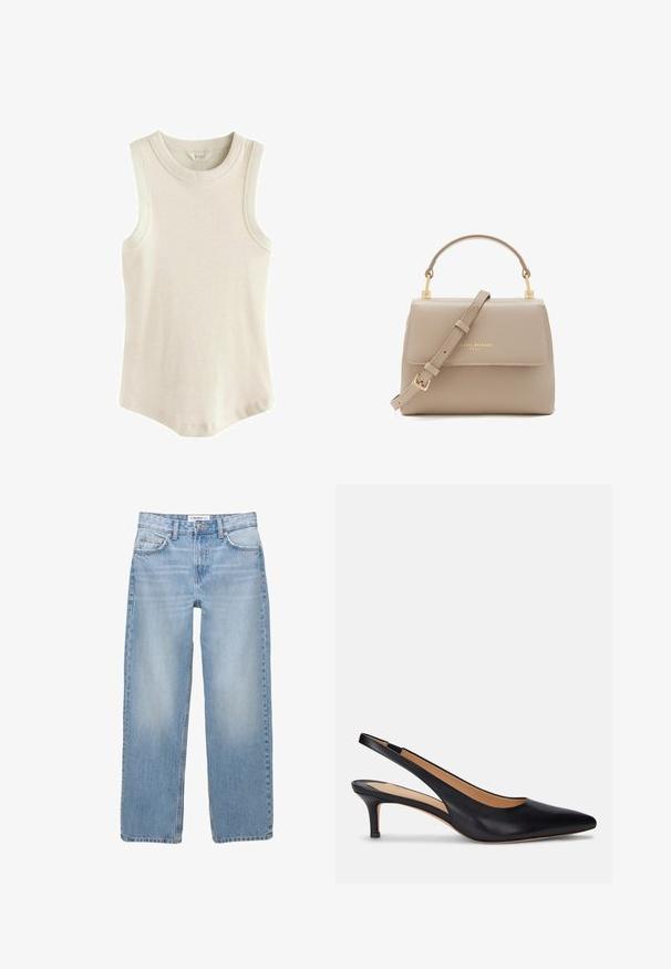 Next RACER STANDARD - Top - oatmeal; Light blue denim jeans with a straight-leg design, five-pocket style, and visible stitching details. The fabric has a soft, slightly faded texture.; Black leather slingback pump with a pointed toe, low kitten heel, and smooth texture. Features an open back design and minimal stitching details.; Isabel Bernard Femme Forte Heline - Handbag - taupe