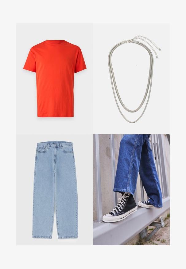 Rød bomulds T-shirt med korte ærmer, rund hals og tone-i-tone logo detalje på venstre bryst. Blød tekstur og normal pasform.; Lyseblå denimjeans med straight leg-design, der har en mid-rise talje, fem lommer og en lukning med knap og lynlås.; Sorte høj-top sneakers med hvid sål og snørebånd, parret med løse blå denimjeans, hvilende på et gråt gelænder.; Tre-lags sølvmetal halskæde med slanke, flexible kæder med en let glans, sikret med en hummerlås og justerbar kæde.