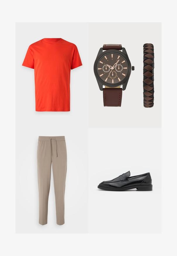 Tricou din bumbac roșu cu mâneci scurte, de tip crew neck și detaliu logo ton pe ton pe partea stângă a pieptului. Textură netedă și croială normală.; Pantaloni bej deschis cu un brâu elastic, șnur ajustabil și picioare conice. Materialul pare neted, cu un ușor luciu.; Pantofofi din piele neagră cu un finisaj neted, având vârful rotunjit și o bandă îngustă pe partea superioară. Toc mic, stratificat.; Pier One SET - Ceas de mână - black/brown