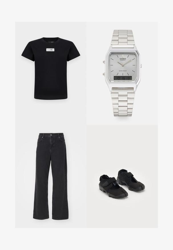 Svart T-skjorte med korte ermer og et hvitt rektangulært merke på brystet med svarte tall arrangert i rader.; Svarte denim vide bukser med høy midje, femlommers design og glidelås.; Svarte vannsko laget av fleksibelt stoff med borrelås, med et unikt delt tå-design og teksturert gummisåle for bedre grep.; Sølv Casio kvartsur med rektangulært urskive, analog og digital skjerm, armbånd i rustfritt stål og vanntette egenskaper.