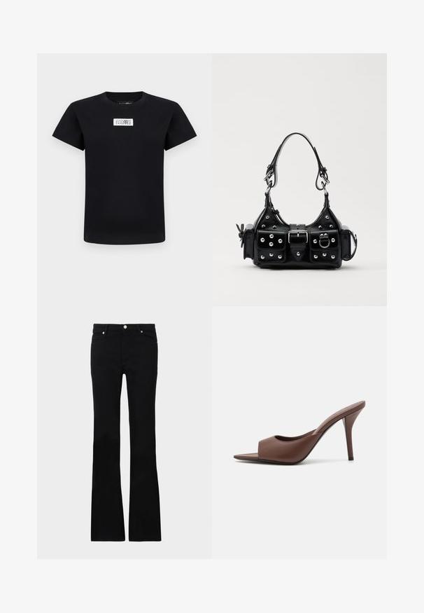 Black short-sleeve T-shirt with a white rectangular patch on the chest featuring black numbers arranged in rows.; Black flared jeans made of denim, featuring two front pockets, a button closure, and a smooth texture. Signature stitching visible at seams.; Brown leather open-toe high-heeled mules with a sleek design, featuring a wide front strap and a slender stiletto heel.; Black leather handbag with a curved design, featuring silver studs, a buckle, and two side pockets. Adjustable strap for carrying options.