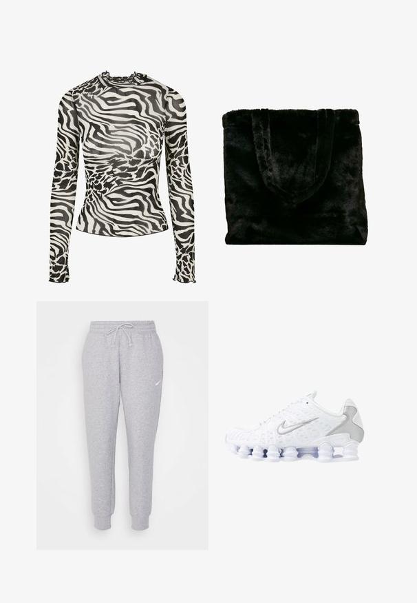 Langærmet top med høj hals, prydet med et sort-hvidt zebra-print design på gennemsigtigt stof. Flæse-accenter ved halsudskæringen og manchetterne.; Lys grå sweatpants med snor i taljen, tapered ben og et lille hvidt logo på venstre lår. Fremstillet af et blødt, tekstureret stof.; Hvide atletiske sko med mesh-overdel, sølvfarvede detaljer og et unikt spiral-såledesign. Har polstret krave og snørebåndslukning for en god pasform.; Sort faux fur tote taske med blød tekstur. Har to robuste håndtag og et åbent topdesign, der er velegnet til forskellige anvendelser.; Sølv hoops øreringe med en glat, poleret overflade og en tynd, cirkulær form. Designet har en sikker låsemekanisme.