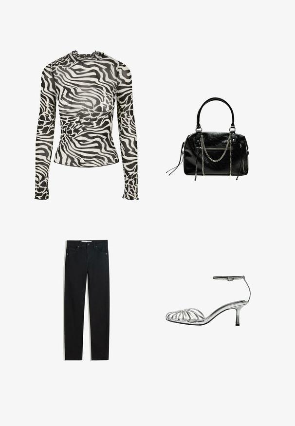 Long-sleeve top with a mock neck, featuring a black and white zebra print design on sheer fabric. Ruffled accents at the neckline and cuffs.; Black denim pants with a straight leg design, five pockets, metal button closure, and subtle stitching details. Smooth texture.; Silver strappy sandal with a low heel, featuring multiple crisscross straps, an ankle strap with a buckle, and a smooth, shiny texture.; Bershka WITH CHAIN - Handbag - black
