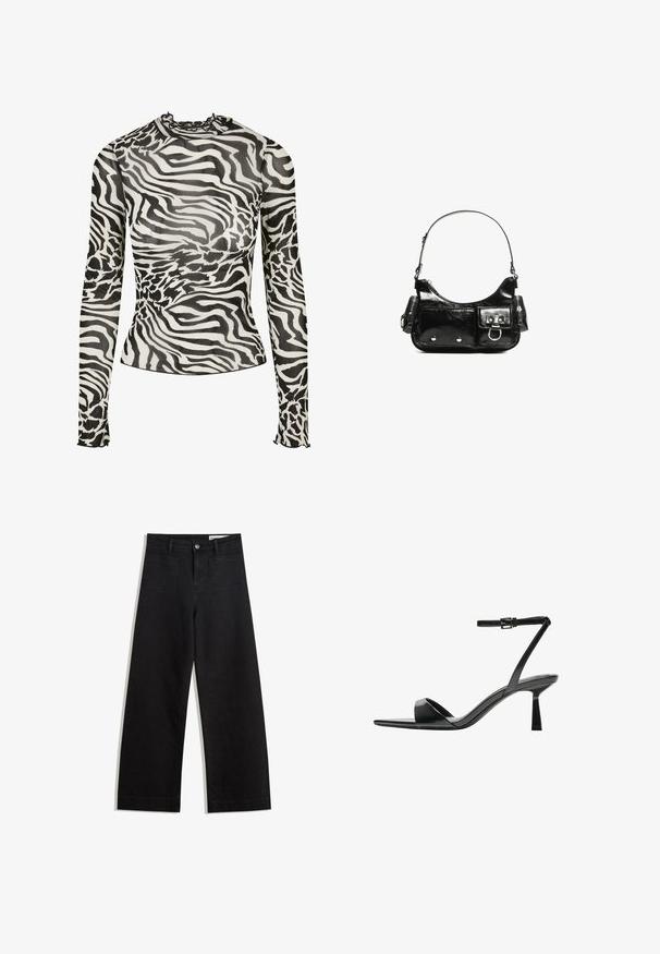 Langærmet top med høj hals, prydet med et sort-hvidt zebra-print design på gennemsigtigt stof. Flæse-accenter ved halsudskæringen og manchetterne.; Sorte wide-leg denim bukser med høj talje, der har front- og baglommer, syede sømme og en knaplukning. Glat tekstur.; Bershka Højhælede sandaletter / Højhælede sandaler - black; Sort patenteret læder håndtaske med en buet form, en skulderrem, frontlommer og hardware accenter i sølvfarve.