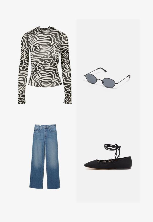 Dlhý rukáv top s golierom, s čierno-bielym zebrovým vzorom na priesvitnej látke. Volány na výstrihu a na manžetách.; Svetlomodré riflové nohavice s širokým strihom a vysokým pásom, dve predné vrecká a jemné blednutie na stehnách, so štandardným zapínaním na gombík a zips.; Loeffler Randall LOUISA LACE UP BALLET FLAT - Balerínky s remienkom okolo členku - black; Čierne oválne slnečné okuliare s tmavými sklami a tenkými kovovými rámami. Majú štíhle strany s jemným zakrivením na koncoch.