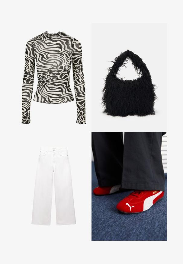 Langærmet top med høj hals, prydet med et sort-hvidt zebra-print design på gennemsigtigt stof. Flæse-accenter ved halsudskæringen og manchetterne.; Hvide bredde bukser lavet af bomuld, med høj talje, fem-lomme design og messingdetaljer. Glat, ikke-slidt tekstur.; Røde ruskindsnikers med hvide accenter, der har struktureret materiale, rund tå og et guld logo på siden, båret med sorte bukser.; Even&Odd Shopping bags - black; Sølv hoops øreringe med en glat, poleret overflade og en tynd, cirkulær form. Designet har en sikker låsemekanisme.