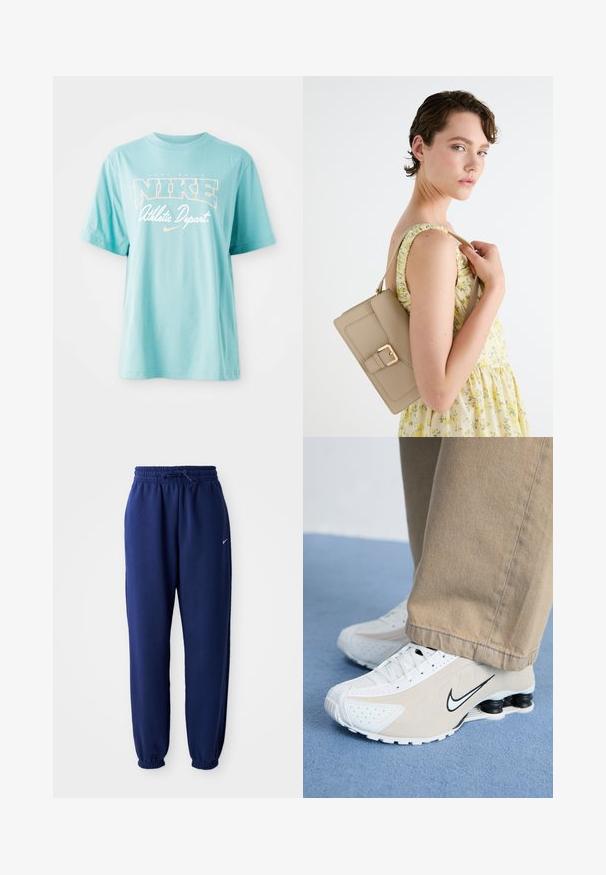 Light blue cotton t-shirt with short sleeves and round neckline. Features "NIKE" logo and text in white and peach-colored print.; Navy blue sweatpants made of soft fabric, featuring an elastic waistband with drawstring, elastic cuffs, and a small white logo.; White and beige Nike sneakers with perforated design, black swoosh logo, textured upper, and distinctive springy black heel.; Beige leather handbag with a structured design, gold buckle accent, and adjustable strap, shown against a light background.