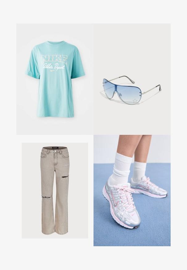 Svetlo modra bombažna majica s kratkimi rokavi in okroglim izrezom. Na voljo je z logotipom "NIKE" in besedilom v belem in breskovo obarvanem potisku.; Svetlo sivi jeans v sproščenem kroju, z ohlapnimi detajli, ki vključujejo luknje na kolenih in izbledelo teksturo. Vključuje pet žepov in zanke za pas.; Nike tekaške čevlje z srebrno mrežasto zgornjico in rožnatimi poudarki, belimi vezalkami in teksturirano podplatom. Oblečeni so z belimi bombažnimi športnimi nogavicami.; Pilotne sončne očala z gradijentnimi modrimi lečami, srebrnim kovinskim okvirjem in okrasnimi zvezdastimi detajli na lečah. Gladek in eleganten dizajn.