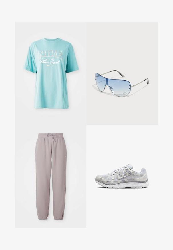 Vaaleansininen puuvillapaita, jossa on lyhyet hihat ja pyöreä kaula-aukko. Sisältää "NIKE"-logon ja tekstiä valkoisessa ja persikanvärisessä painatuksessa.; Vaaleanlila fleece-housut, joissa on joustava vyötärö, nauhakuja, sivutaskut ja joustavat hihnat, esiteltynä litteänä valkoista taustaa vasten.; Vaaleanharmaat urheilukengät, joissa on verkkomateriaali ja synteettinen päällinen. Varusteena on narutettavuus, pehmustettu nilkkaosa ja uritettu pohja pidon parantamiseksi.; Aviator-mallin aurinkolasit, jotka ovat varustettu gradienttisilla sinisillä linsseillä, hopeisella metallikehyksellä ja koristeellisilla tähtikoristeilla linsseissä. Joustava ja viehättävä muotoilu.