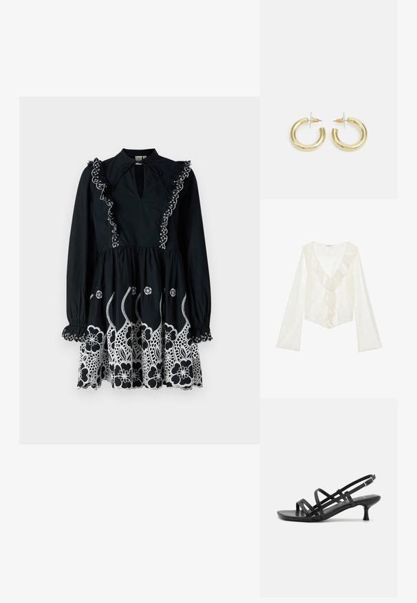 White lace top featuring a deep V-neck and ruffled front. Long sleeves with a flared design create a flowy silhouette.; Black dress with long sleeves, ruffled collar, and embroidered white floral patterns at hem. Keyhole neckline and gathered waist detail.; Black heeled sandals with multiple crisscross straps. Smooth material, pointed toe, and narrow heel. Adjustable ankle strap with buckle.; Small cream handbag with a textured finish, a long adjustable strap, a chain accent, and a flap closure. Gold hardware detailing.; Gold hoop earrings with a smooth, shiny finish. Circular design featuring a small post and clear backing for secure wear.