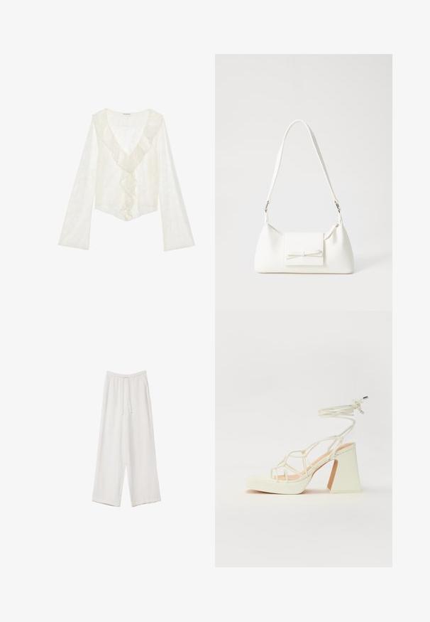 Biely čipkový top s hlbokým výstrihom do V a volánikmi na prednej strane. Dlhé rukávy s rozšíreným dizajnom vytvárajú vzdušný siluetu.; Biele široké nohavice vyrobené z ľahkej tkaniny. Obsahujú elastický pás so sťahovacou šnúrkou a bočné vrecká. Hladká textúra.; Biele sandále na vysokom opätku s hrubým podpätkom, s pruhovaným dizajnom a viazaním na členku. Hladký povrch s platformou vpredu pre zvýšenú výšku.; Biela syntetická kabelka s trojuholníkovým tvarom, plochým predným klapkou a detailom mašle, nastaviteľným popruhom, hladkou textúrou a minimalistickým dizajnom.