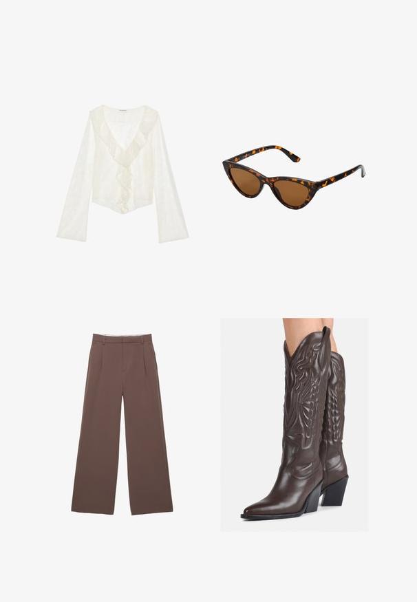 Witte kanten top met een diepe V-hals en een gefronde voorkant. Lange mouwen met een uitlopende ontwerp creëren een vloeiende silhouet.; Wijde broek in een effen bruine stof, met een zachte textuur, voorplooien en een op maat gemaakte tailleband. Geen zichtbare logo's of patronen.; Bruine leren cowboylaarzen met een spitse neus en blokhak, voorzien van gedetailleerde stiksels en verhoogde accenten op de schacht.; Cat-eye zonnebril met een zwart en oranje schildpadframe, bruine lenzen en slanke, puntige uiteinden. Bevat een minimalistisch logo op de poot.; Kleine crèmekleurige handtas met een textuurafwerking, een lange verstelbare schouderband, een kettingaccent en een klepsluiting. Gouden hardware-details.; Gouden creolen met een gladde, glanzende afwerking. Circulaire vormgeving met een kleine post en een doorzichtige achterkant voor een veilige draagervaring.