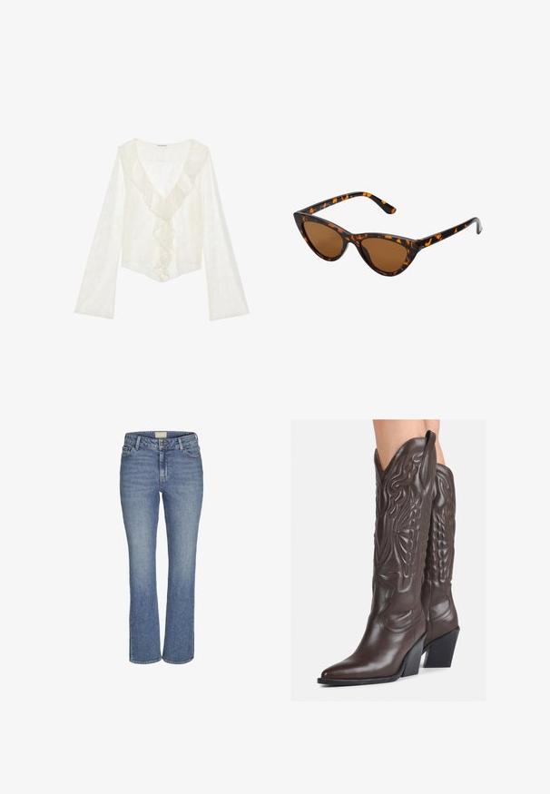 Biely čipkový top s hlbokým výstrihom do V a volánikmi na prednej strane. Dlhé rukávy s rozšíreným dizajnom vytvárajú vzdušný siluetu.; Džínsy v stredne modrej farbe s rovnými nohavicami, so zapínaním na prednej strane na gombík a zips, s pútkami na opasok a prednými a zadnými vreckami.; Hnedé kožené kovbojské topánky s špicatou špičkou a blokovým podrážkou, so zložitým prešívaním a vyvýšenými akcentmi na puzdre.; Mačacie slnečné okuliare s čiernym a oranžovým želvovinovým rámom, hnedými sklami a elegantnými, špicatými koncami. Obsahujú minimalistické logo na spánku.; Malá krémová kabelka s textúrovaným povrchom, dlhým nastaviteľným popruhom, reťazovým detailom a klopovým uzáverom. Zlaté kovové prvky.; Zlaté kruhové náušnice s hladkým, lesklým povrchom. Cirkulárny dizajn s malým steblom a jasným záznamom pre bezpečné nosenie.